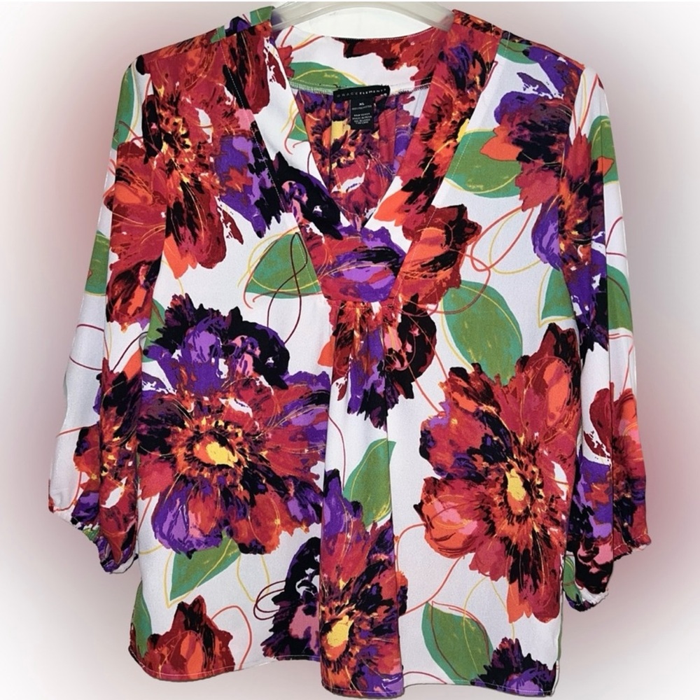 🔴Grace Elements V-Neck 3/4 Sleeve Floral Pullover Top XL Women's Blouse